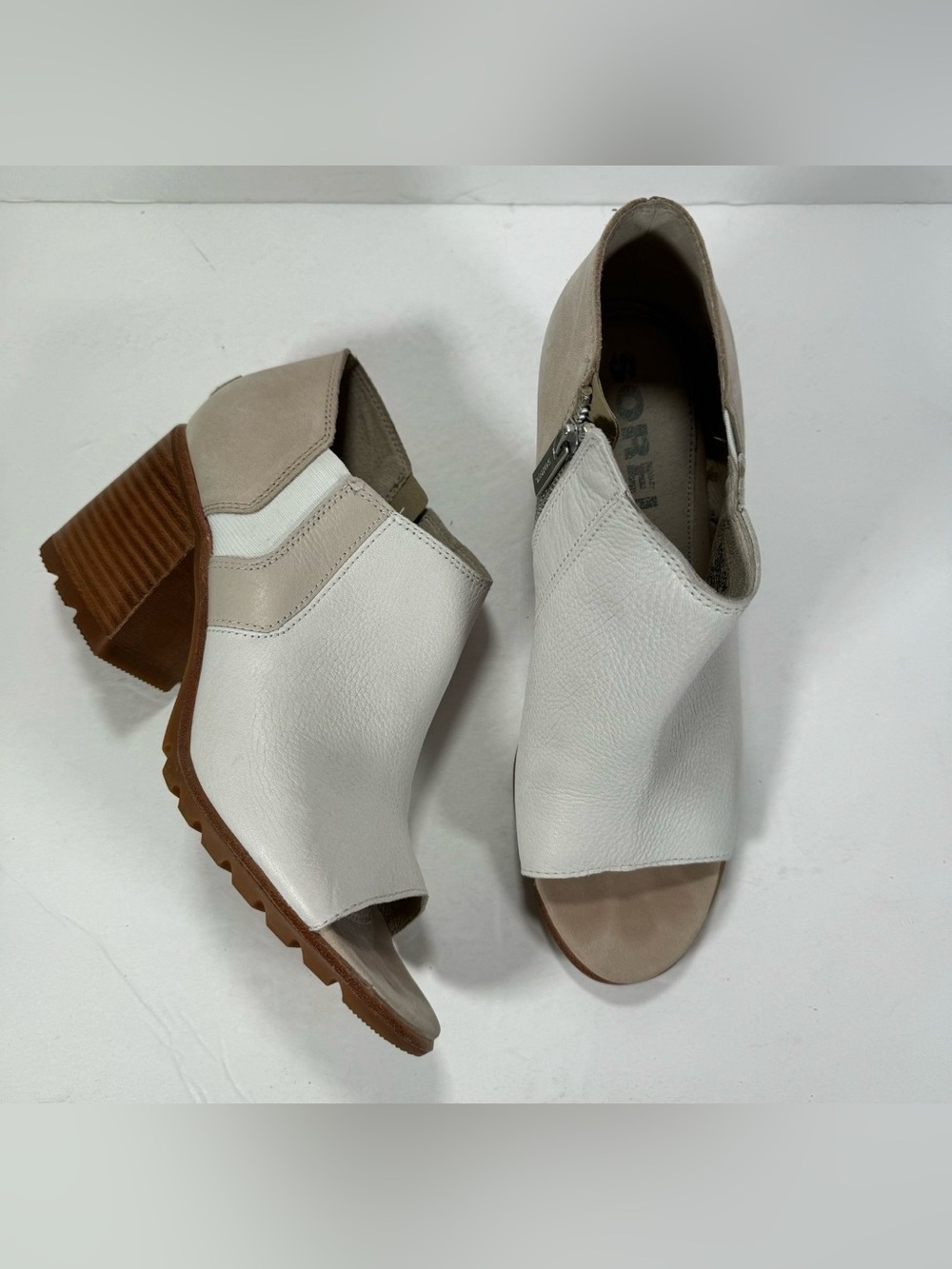 Sorel Nadia Off White Tan Leather Peep Toe Ankle Booties Women Size 9.5